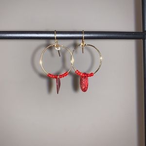 Red Beaded Gold Hoop Earrings